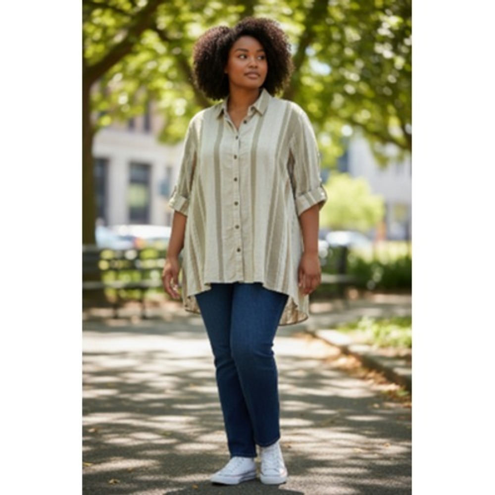 Liz & Me Shirt Womens 2X 22/24W Beige Stripe Linen Blend Button Tunic Top
